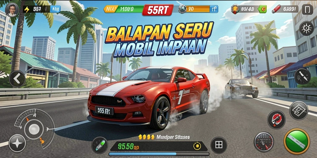 Tangkapan layar dari gameplay balapan yang mendebarkan di 55RT.