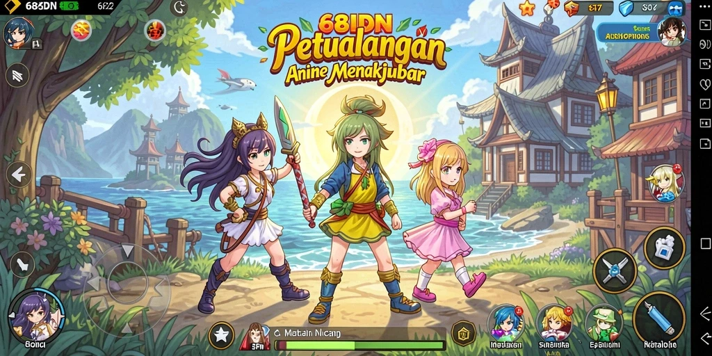 Tampilan gameplay 68IDN yang menampilkan karakter anime yang dinamis.