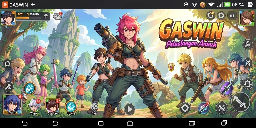 Screenshot GASWIN menampilkan karakter anime dalam pertarungan yang epik.