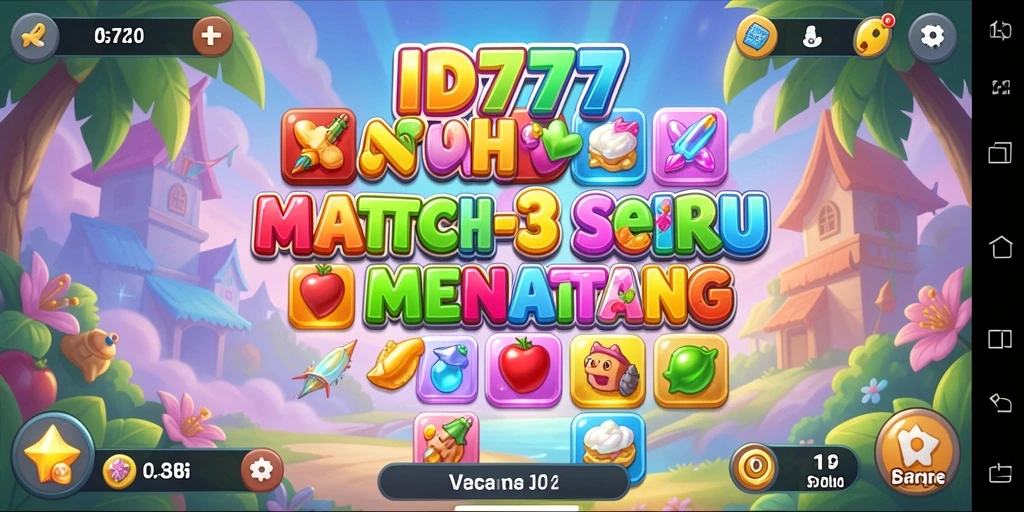 Screenshot gameplay ID777 menampilkan serunya mencocokkan permata warna-warni.