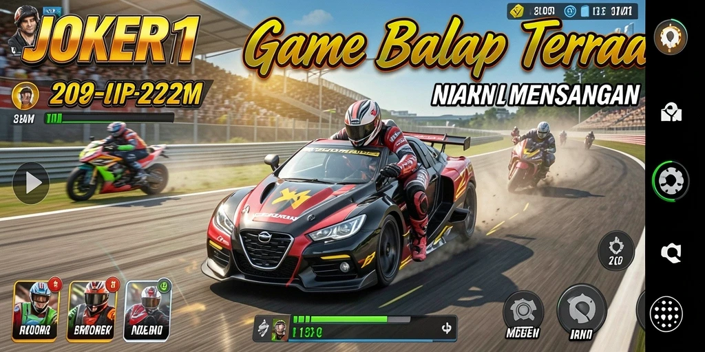 Tampilan gameplay JOKER11 menampilkan balapan seru dengan kendaraan dan trek yang menarik.