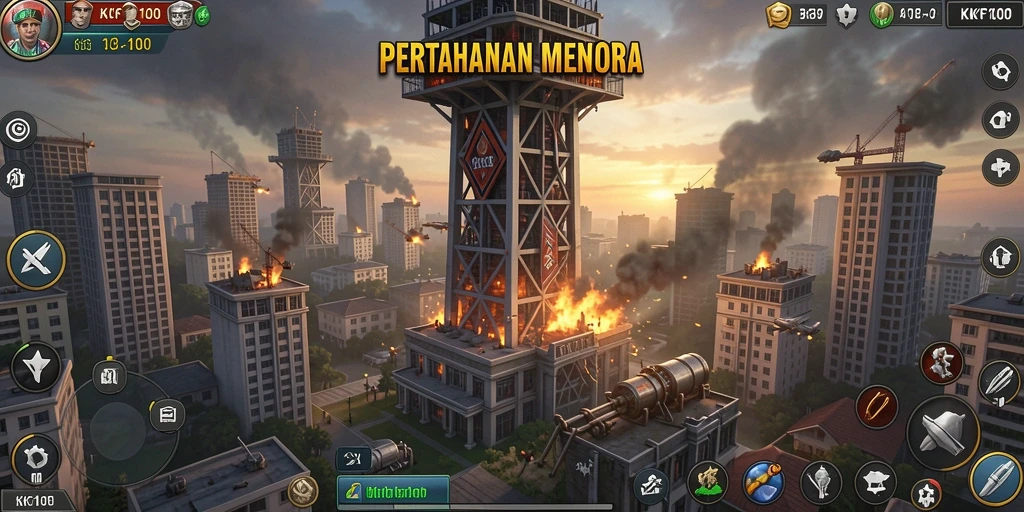 Tampilan gameplay KPK100 yang mendebarkan pada misi Tower Defense.
