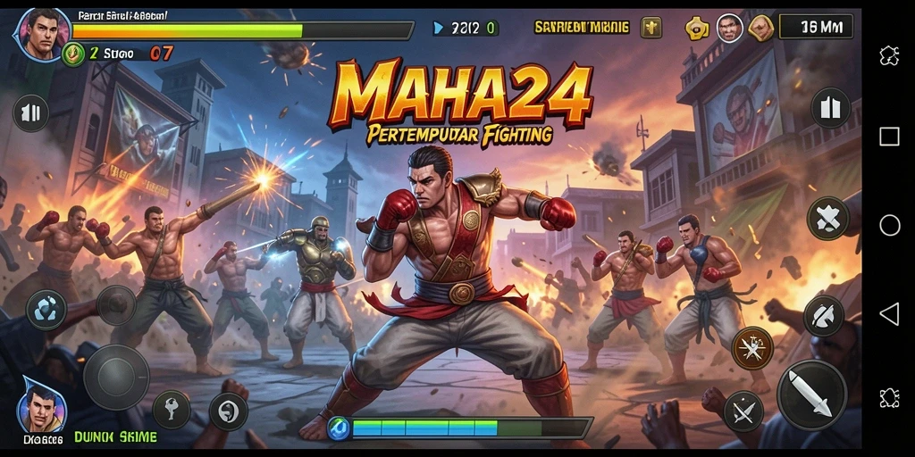 Tampilan gameplay MAHA24 yang menegangkan dengan karakter bertarung.