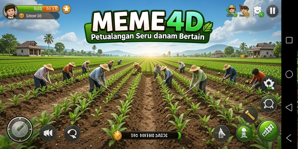 Tampilan gameplay MEME4D dengan aktivitas bertani yang seru.