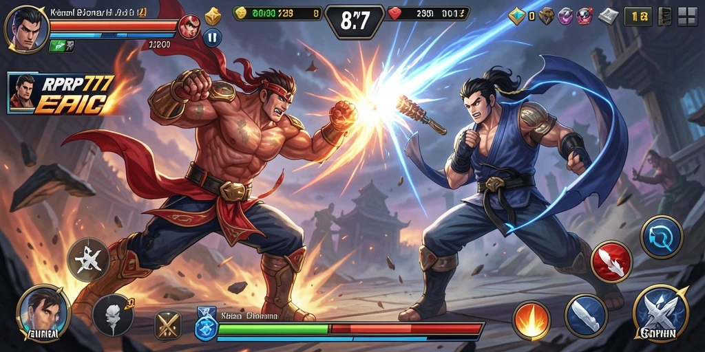 Screenshot RPRP777 menampilkan pertarungan seru antar karakter dalam arena.