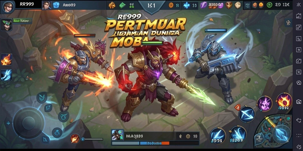 Screenshot utama RR999 menampilkan aksi seru dalam permainan MOBA.