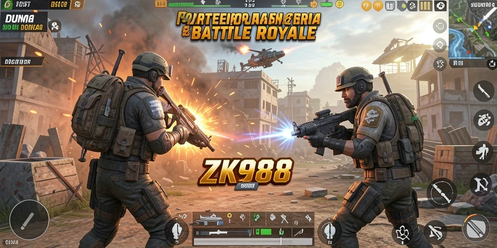Screenshot gameplay ZK988 dengan pertarungan seru Battle Royale.